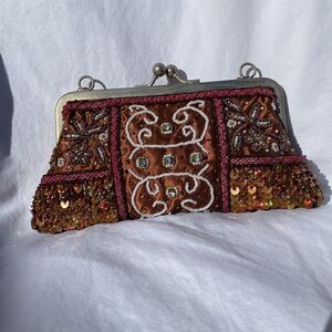 Vintage Handmade Beaded & Sequins Brown Clutch Bag Purse​​​​​​​